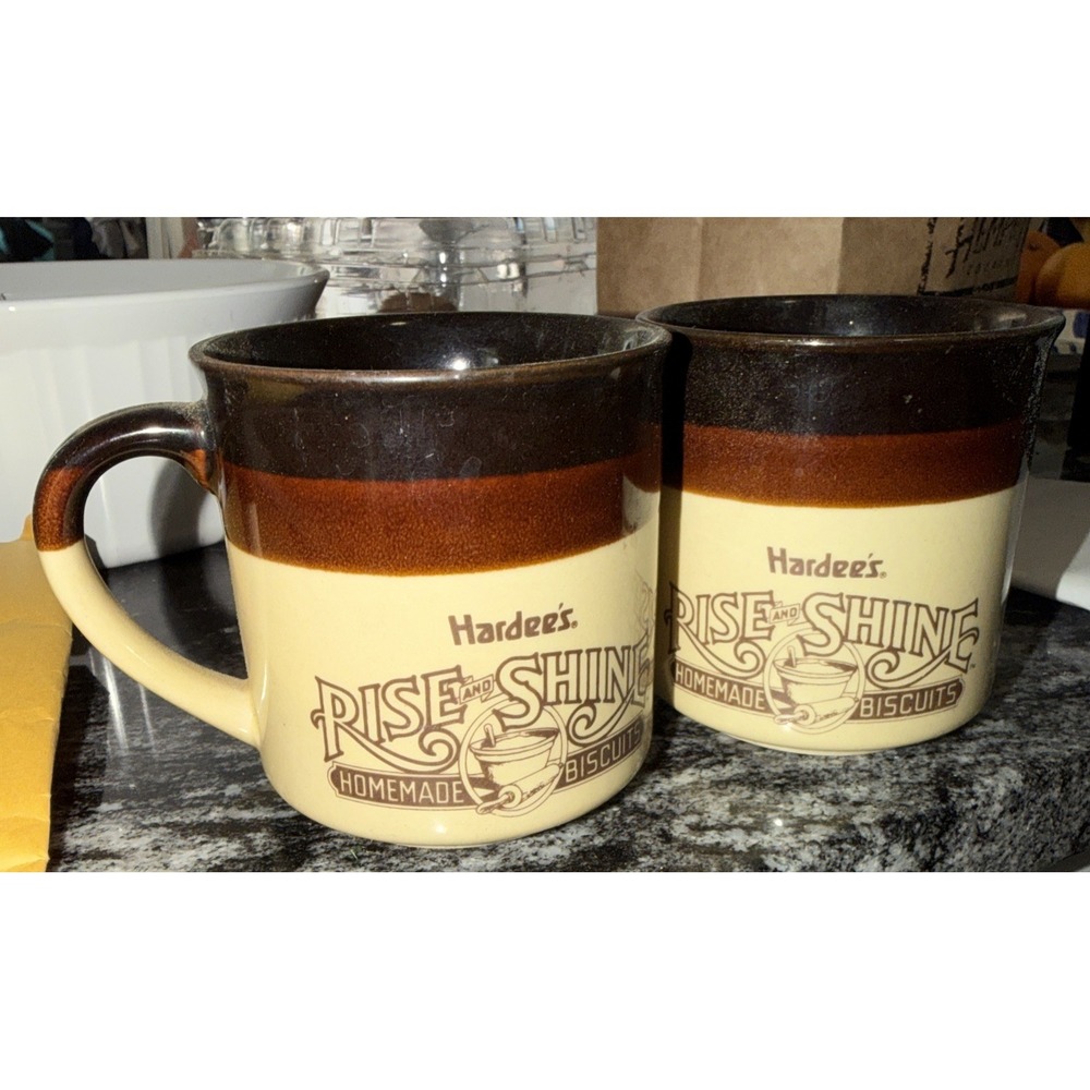 Set 2 Vintage 1989 HARDEE'S Rise And Shine Homemade Biscuits Coffee Mugs Brown